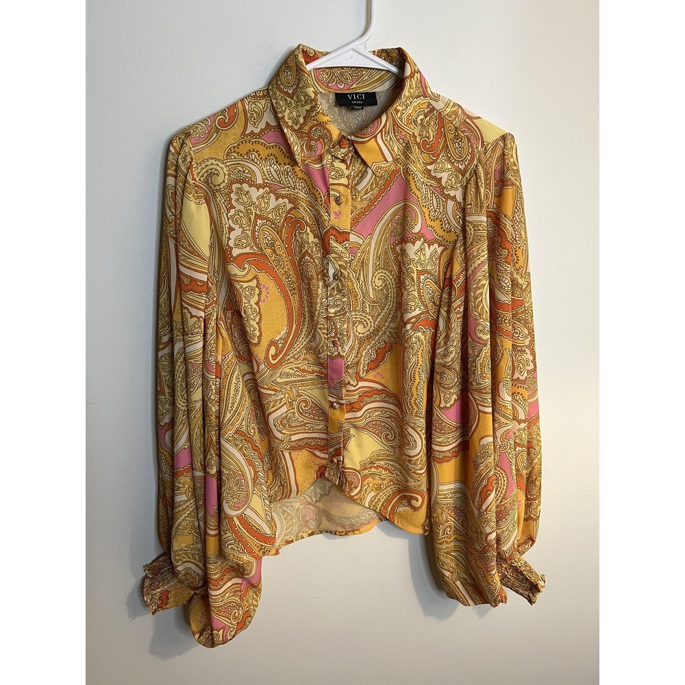 VICI Blouse Wm Sm Yellow Paisley Balloon Sleeve Collared Buttons Boho Maximalist
